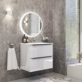 Furneo Bathroom Vanity Unit Floating Storage Basin Gloss White 2-Drawer 60cm With Matt Black Handle