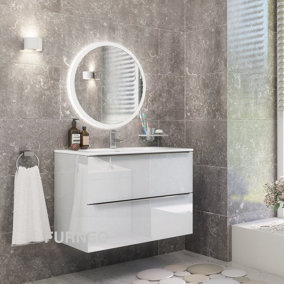 Furneo Bathroom Vanity Unit Floating Storage Basin Gloss White 2-Drawer 80cm With Chrome Handle