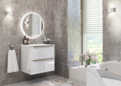 Furneo Bathroom Vanity Unit Floating Storage Basin Gloss White 2-Drawer 80cm With Gold Handle Price Comparisons | Compare The Build