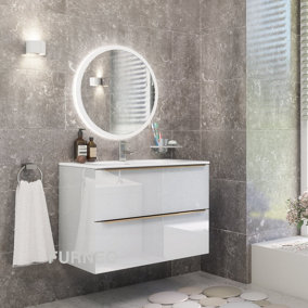 Furneo Bathroom Vanity Unit Floating Storage Basin Gloss White 2-Drawer 80cm With Gold Handle