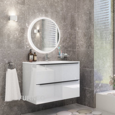 Furneo Bathroom Vanity Unit Floating Storage Basin Gloss White 2-Drawer 80cm With Matt Black Handle Price Comparisons | Compare The Build