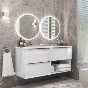 Furneo Bathroom Vanity Unit Floating Storage Basin Gloss White 3-Drawer 120cm With Gold Handle