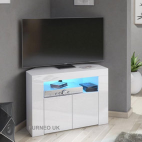 Furneo Corner TV Stand Unit Cabinet Matt & High Gloss Clifton07 Blue LED Lights