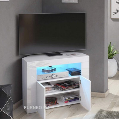 Furneo Corner TV Stand Unit Cabinet Matt & High Gloss Clifton07 Blue LED Lights