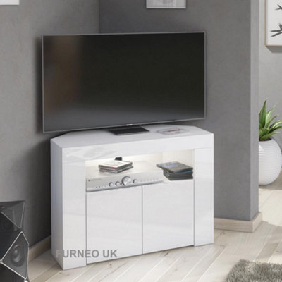 Furneo Corner TV Stand Unit Cabinet Matt & High Gloss Clifton07 White LED Lights