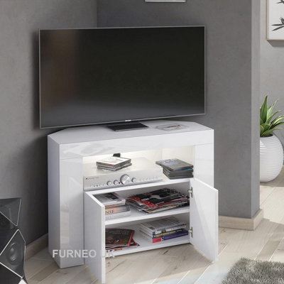 Furneo Corner TV Stand Unit Cabinet Matt & High Gloss Clifton07 White LED Lights
