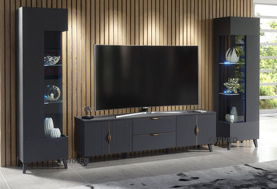 Furneo Grey Living Room Set TV Stand Display Cabinets Azzurro10/12G Blue LED Lights