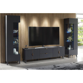 Furneo Grey Living Room Set TV Stand Display Cabinets Azzurro10/12G Blue LED Lights