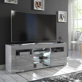 Furneo Grey TV Stand 120cm Unit Cabinet Matt & High Gloss Puzzo G White LED Lights