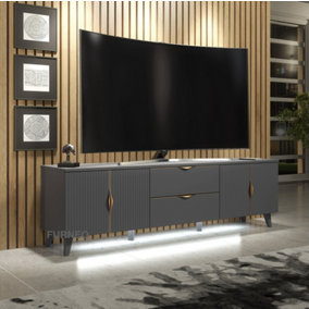Furneo Grey TV Stand 180cm Unit Cabinet Azzurro10G Brushed Gold Handles White LED Lights