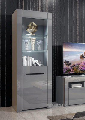 Furneo High Gloss & Matt Grey Display Cabinet Cupboard Milano09G White LED Lights