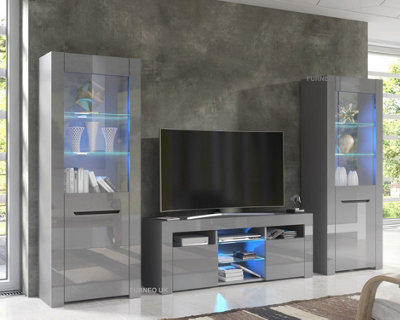 Furneo High Gloss & Matt Grey Living Room Set TV Stand Display Cabinets ...