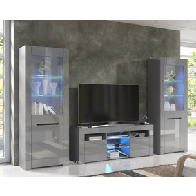 Furneo High Gloss & Matt Grey Living Room Set TV Stand Display Cabinets MilanoG Blue LED Lights