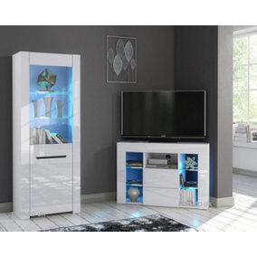 Furneo High Gloss & Matt White Living Room Set Corner TV Stand Display Cabinet Blue LED Lights