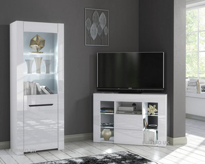 Furneo High Gloss Matt White Living Room Set Corner TV Stand Display Cabinet White LED Lights