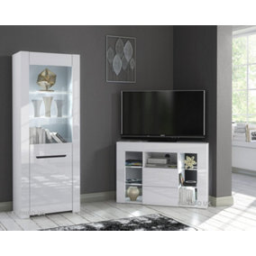 Furneo High Gloss & Matt White Living Room Set Corner TV Stand Display Cabinet White LED Lights