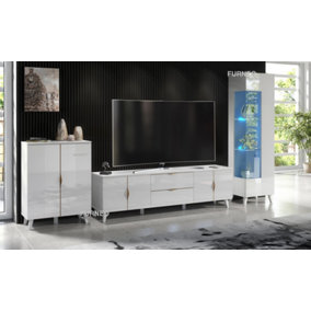 Furneo High Gloss & Matt White Living Room Set TV Stand Display Cabinet Sideboard Azzurro10/12/14 Blue LED Lights
