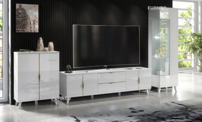 Furneo High Gloss & Matt White Living Room Set TV Stand Display Cabinet Sideboard Azzurro10/12/14 White LED Lights