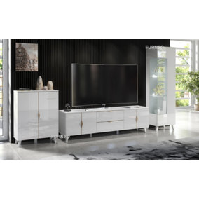 Furneo High Gloss & Matt White Living Room Set TV Stand Display Cabinet Sideboard Azzurro10/12/14 White LED Lights