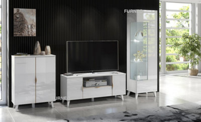 Furneo High Gloss & Matt White Living Room Set TV Stand Display Cabinet Sideboard Azzurro8/12/14 White LED Lights