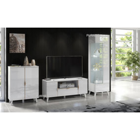 Furneo High Gloss & Matt White Living Room Set TV Stand Display Cabinet Sideboard Azzurro8/12/14 White LED Lights