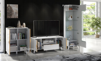 Furneo High Gloss & Matt White Living Room Set TV Stand Display Cabinet Sideboard Azzurro8/12/14 White LED Lights