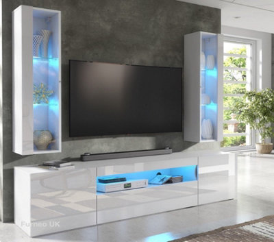 Furneo High Gloss & Matt White Living Room Set TV Stand Display Cabinets ArtClif8 Blue LED Lights