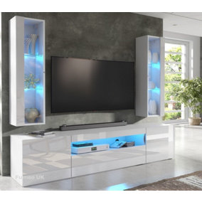 Furneo High Gloss & Matt White Living Room Set TV Stand Display Cabinets ArtClif8 Blue LED Lights