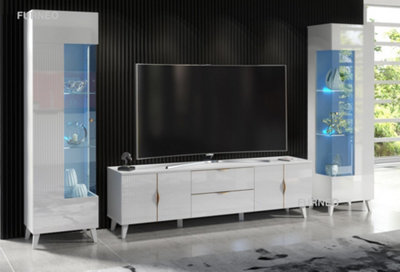 Furneo High Gloss & Matt White Living Room Set TV Stand Display Cabinets Azzurro10/12 Blue LED Lights