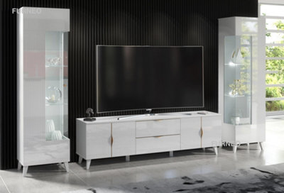 Furneo High Gloss & Matt White Living Room Set TV Stand Display Cabinets Azzurro10/12 White LED Lights