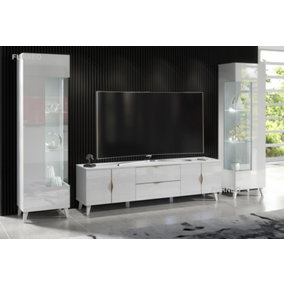 Furneo High Gloss & Matt White Living Room Set TV Stand Display Cabinets Azzurro10/12 White LED Lights