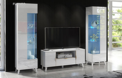 Furneo High Gloss & Matt White Living Room Set TV Stand Display Cabinets Azzurro8/12 Blue LED Lights