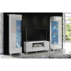 Furneo High Gloss & Matt White Living Room Set TV Stand Display Cabinets Azzurro8/12 Blue LED Lights