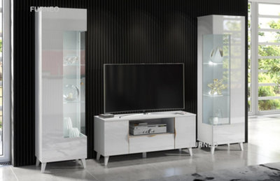 Furneo High Gloss & Matt White Living Room Set TV Stand Display Cabinets Azzurro8/12 White LED Lights