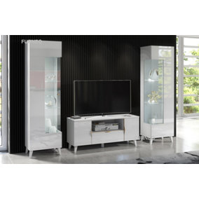 Furneo High Gloss & Matt White Living Room Set TV Stand Display Cabinets Azzurro8/12 White LED Lights