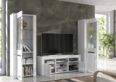 Furneo High Gloss & Matt White Living Room Set TV Stand Display Cabinets MilanoW Blue LED Lights