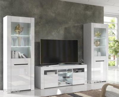 Furneo High Gloss & Matt White Living Room Set TV Stand Display Cabinets MilanoW White LED Lights