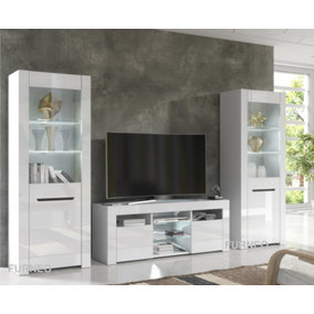 Furneo High Gloss & Matt White Living Room Set TV Stand Display Cabinets MilanoW White LED Lights