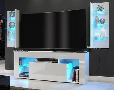 Furneo High Gloss & Matt White Living Room Set TV Stand Display Cabinets MilClif Blue LED Lights