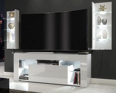Furneo High Gloss & Matt White Living Room Set TV Stand Display Cabinets MilClif White LED Lights