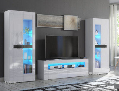 Furneo High Gloss & Matt White Living Room Set TV Stand Display Cabinets MilClif13 Blue LED Lights
