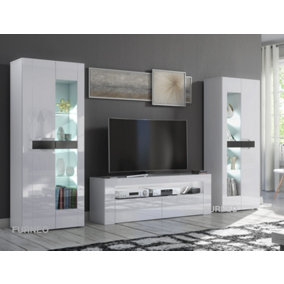 Furneo High Gloss & Matt White Living Room Set TV Stand Display Cabinets MilClif13 White LED Lights