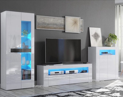 Furneo High Gloss & Matt White Living Room Set TV Stand Sideboard Display Cabinet Blue LED Lights