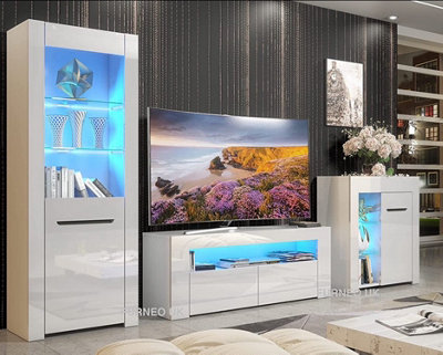 Furneo High Gloss & Matt White Living Room Set TV Stand Sideboard Display Cabinet Milano Blue LED Lights