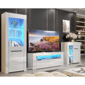 Furneo High Gloss & Matt White Living Room Set TV Stand Sideboard Display Cabinet Milano Blue LED Lights