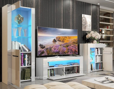 Furneo High Gloss & Matt White Living Room Set TV Stand Sideboard Display Cabinet Milano Blue LED Lights