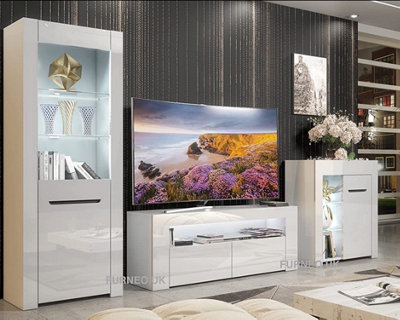 Furneo High Gloss & Matt White Living Room Set TV Stand Sideboard Display Cabinet Milano White LED Lights