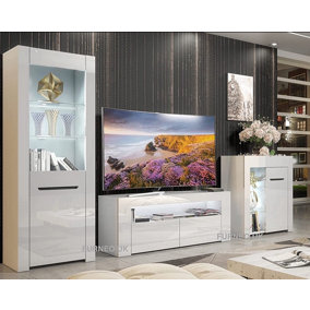 Furneo High Gloss & Matt White Living Room Set TV Stand Sideboard Display Cabinet Milano White LED Lights