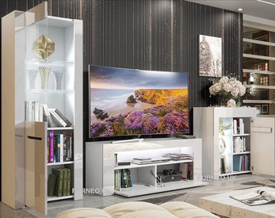 Furneo High Gloss & Matt White Living Room Set TV Stand Sideboard Display Cabinet Milano White LED Lights