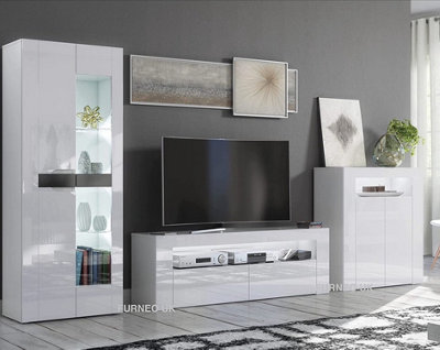 Furneo High Gloss & Matt White Living Room Set TV Stand Sideboard Display Cabinet White LED Lights